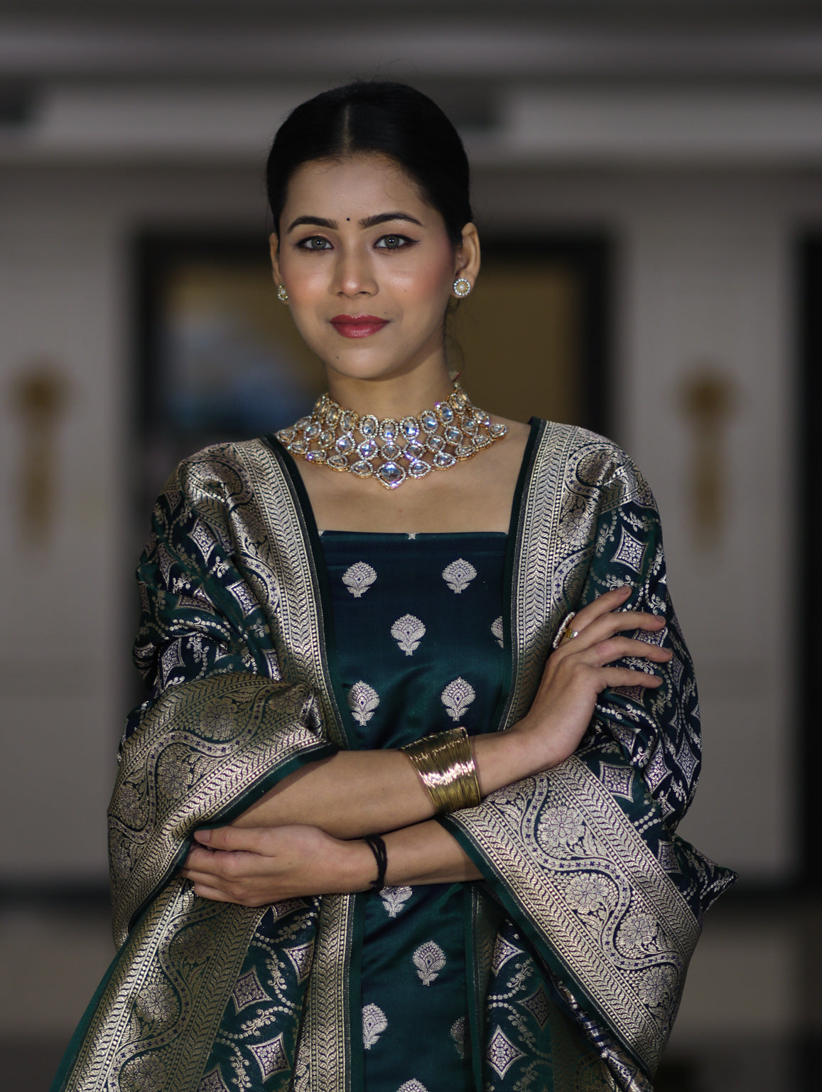 Banarasee Dual Tone Satin Silk Zari Work Salwar Kameez Fabric With Dupatta Set-Peacock Green