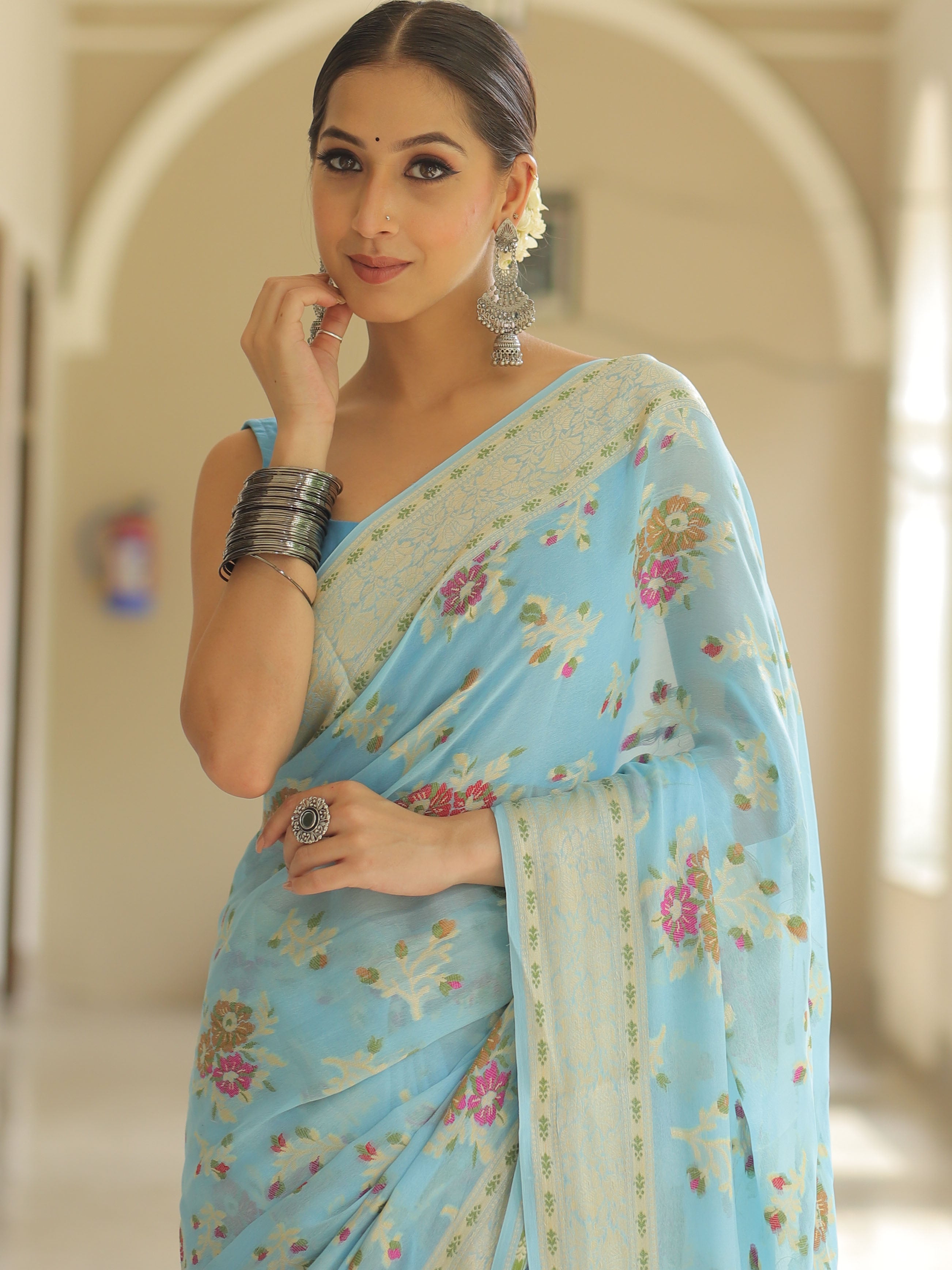 Banarasee Pure Chiffon Silk Saree With Resham Jaal-Powder Blue