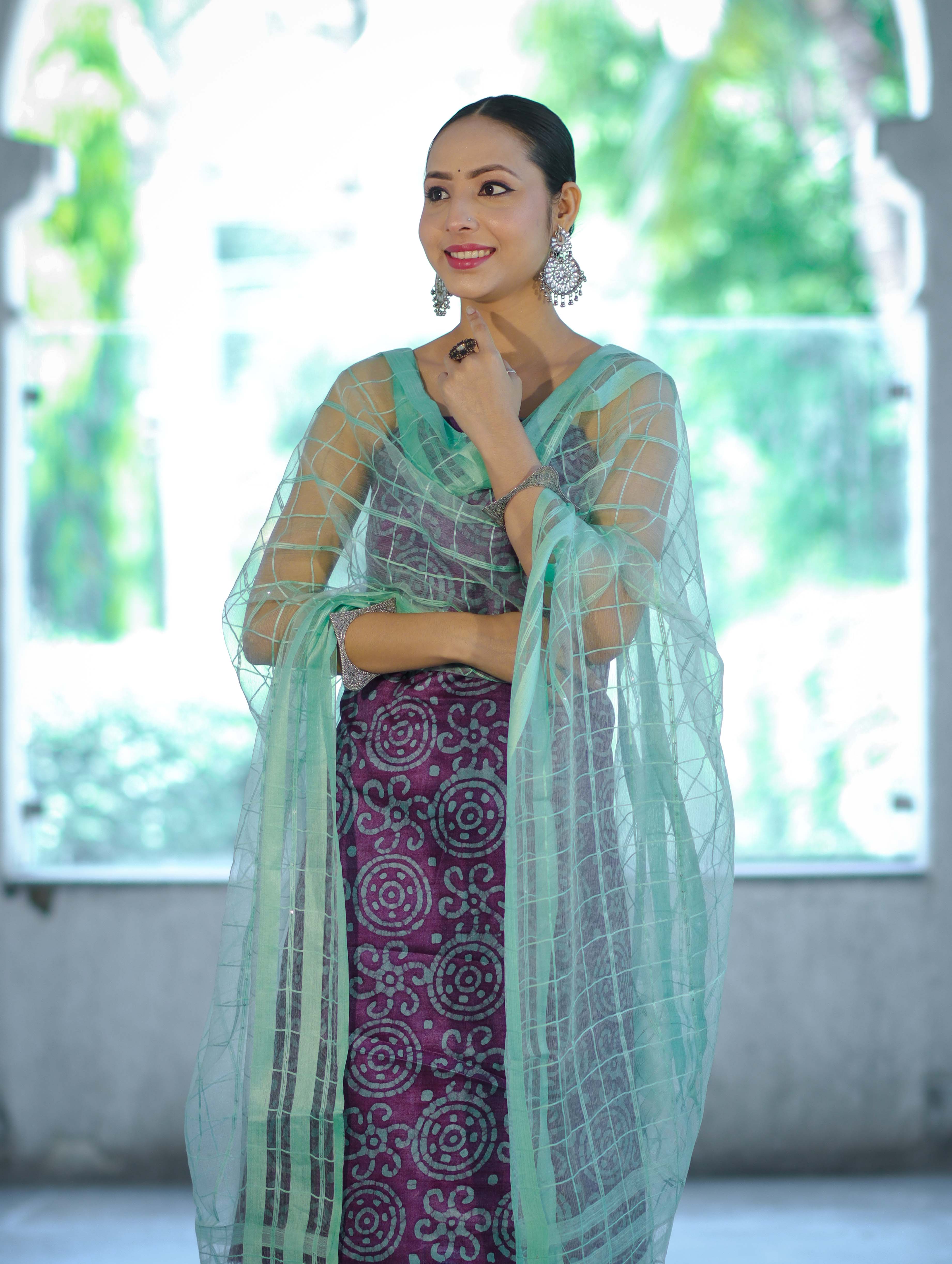 Handloom Block Printed Khadi Cotton Salwar Kameez With Dupatta Set-Violet & Green