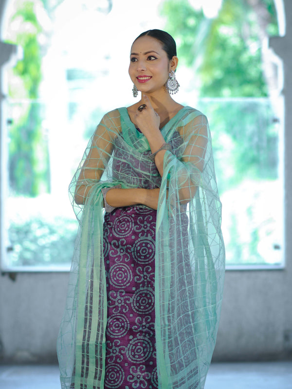 Handloom Block Printed Khadi Cotton Salwar Kameez With Dupatta Set-Violet & Green