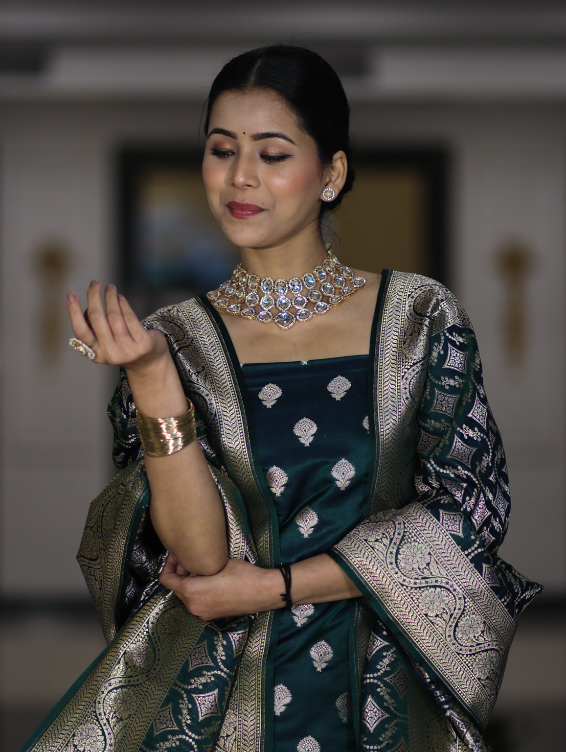 Banarasee Dual Tone Satin Silk Zari Work Salwar Kameez Fabric With Dupatta Set-Peacock Green