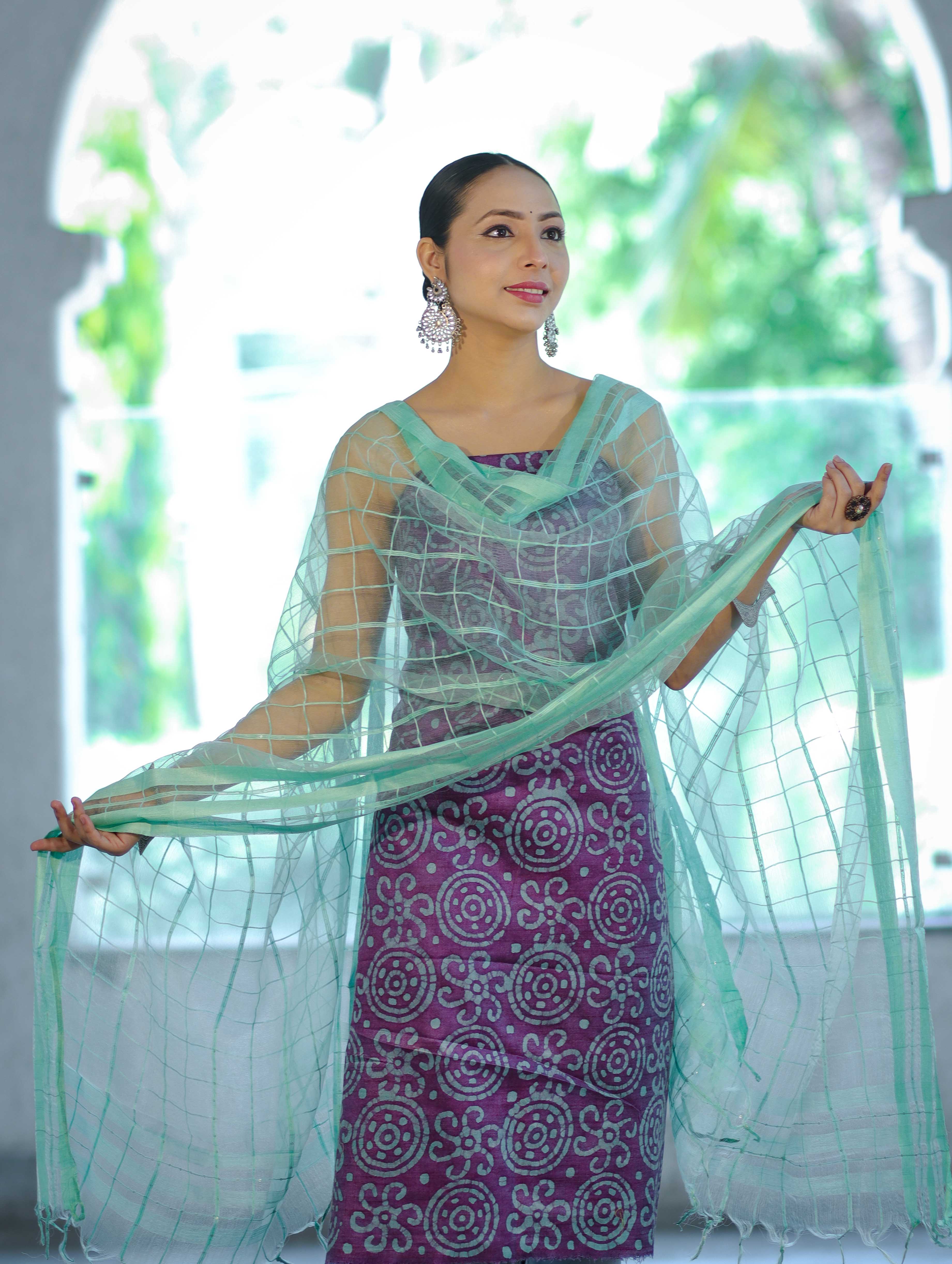 Handloom Block Printed Khadi Cotton Salwar Kameez With Dupatta Set-Violet & Green