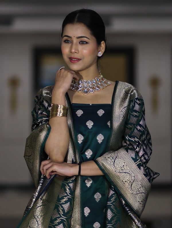 Banarasee Dual Tone Satin Silk Zari Work Salwar Kameez Fabric With Dupatta Set-Peacock Green