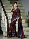 Banarasee Handloom Semi Silk Saree With Buti Design & Contrast Border-Burgundy & Blue