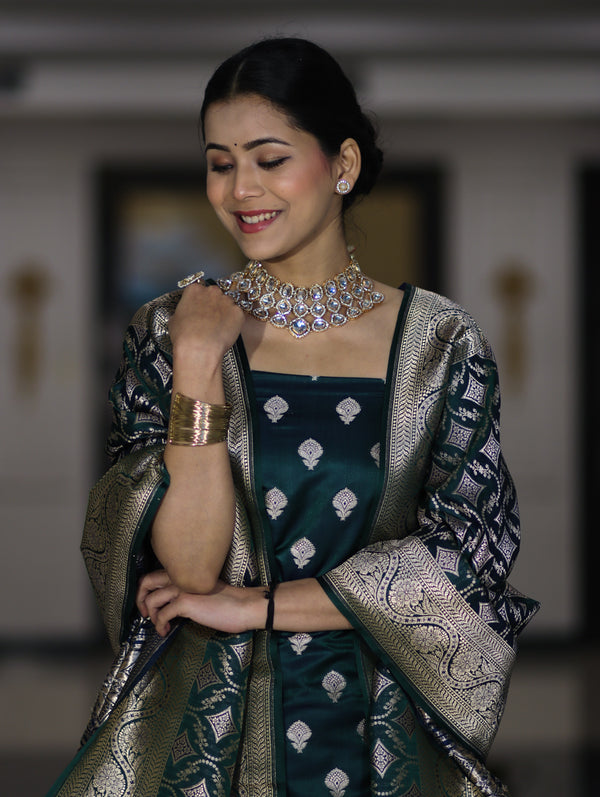 Banarasee Dual Tone Satin Silk Zari Work Salwar Kameez Fabric With Dupatta Set-Peacock Green