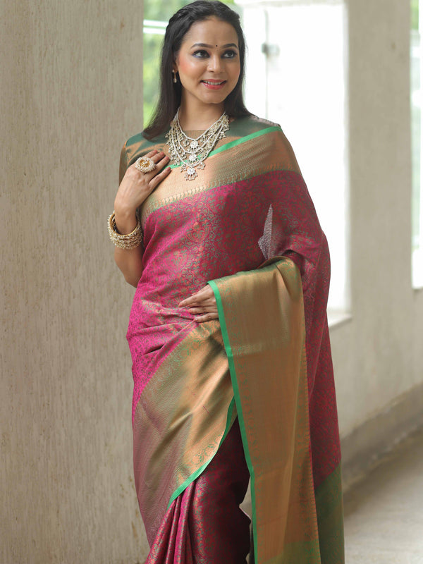 Banarasee Kora Muslin Saree With Floral Tanchoi Design & Skirt Border-Pink & Green