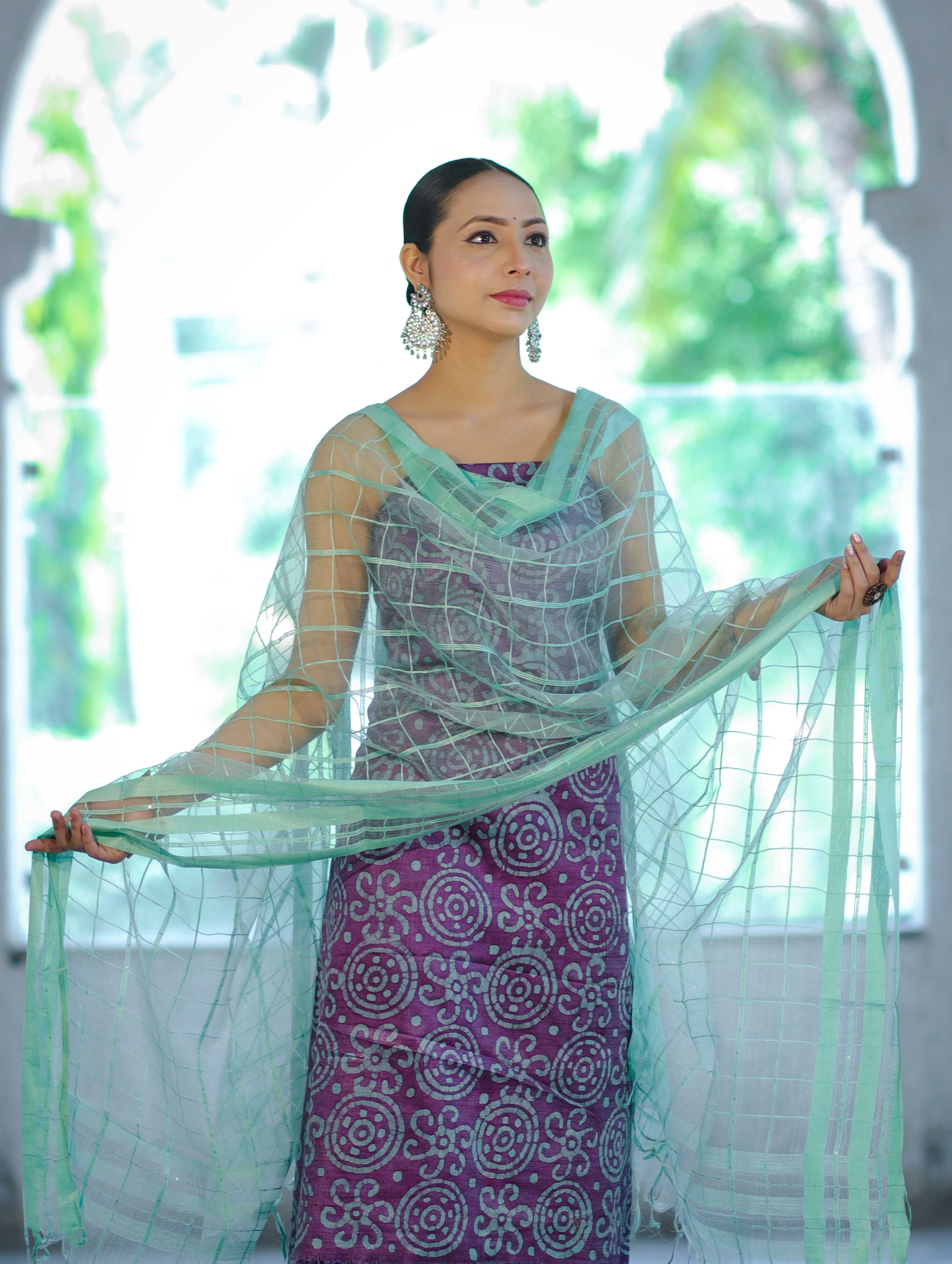 Handloom Block Printed Khadi Cotton Salwar Kameez With Dupatta Set-Violet & Green