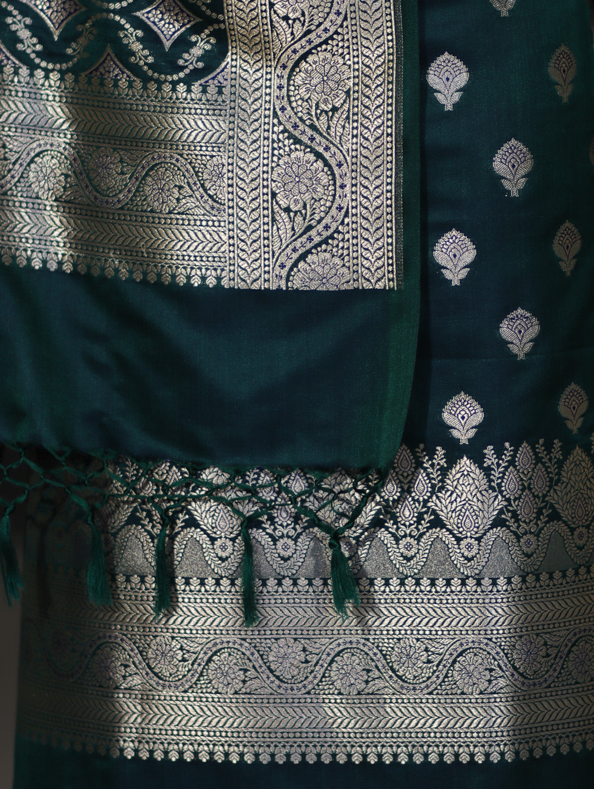 Banarasee Dual Tone Satin Silk Zari Work Salwar Kameez Fabric With Dupatta Set-Peacock Green