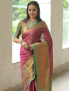 Banarasee Kora Muslin Saree With Floral Tanchoi Design & Skirt Border-Pink & Green