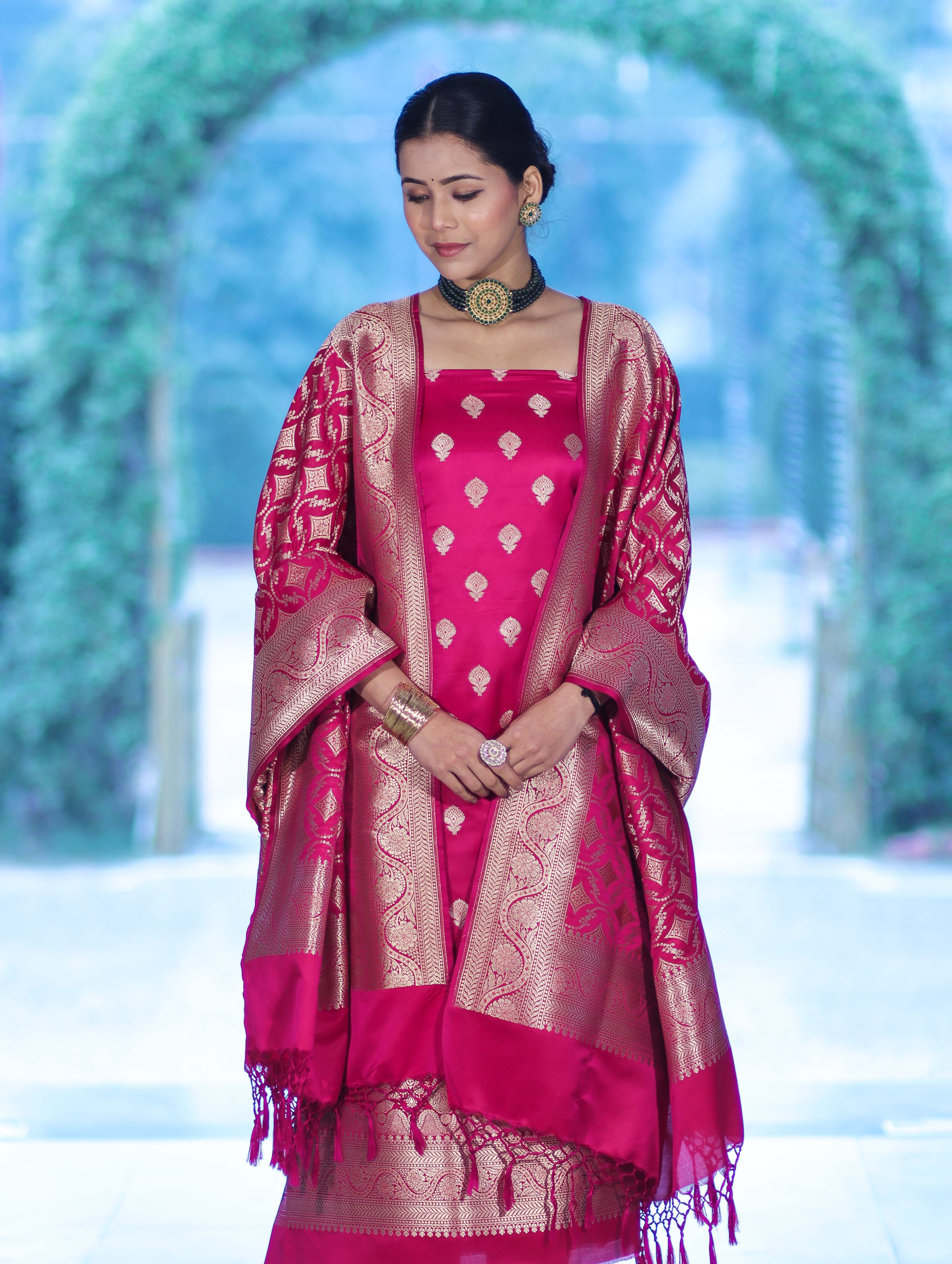 Banarasee Dual Tone Satin Silk Zari Work Salwar Kameez Fabric With Dupatta Set-Magenta