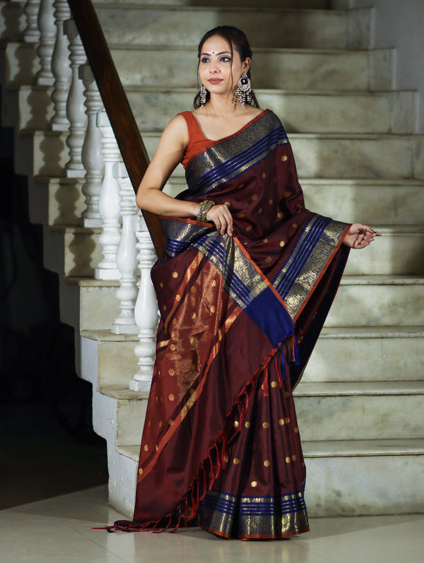 Banarasee Handloom Semi Silk Saree With Buti Design & Contrast Border-Burgundy & Blue