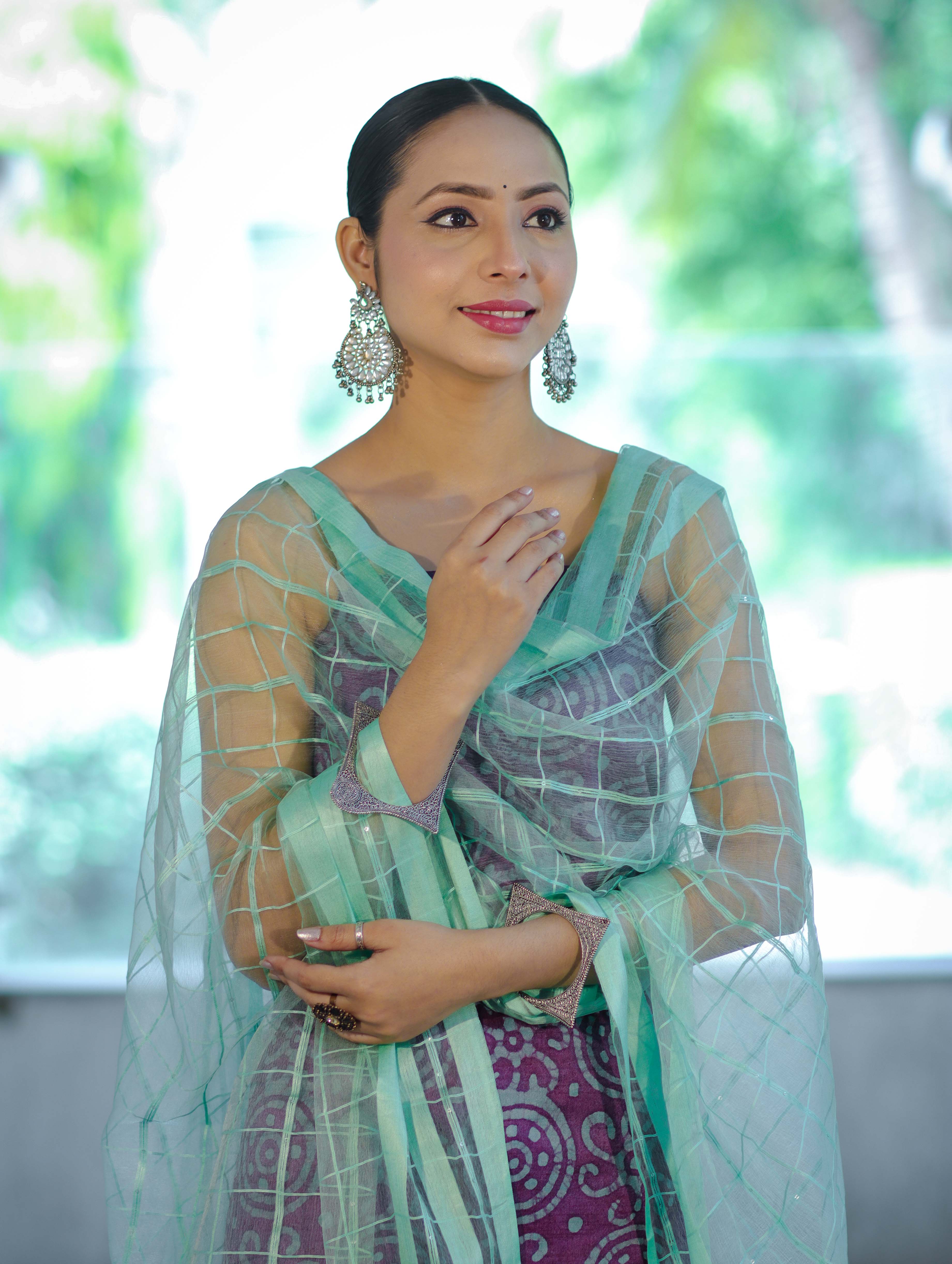 Handloom Block Printed Khadi Cotton Salwar Kameez With Dupatta Set-Violet & Green
