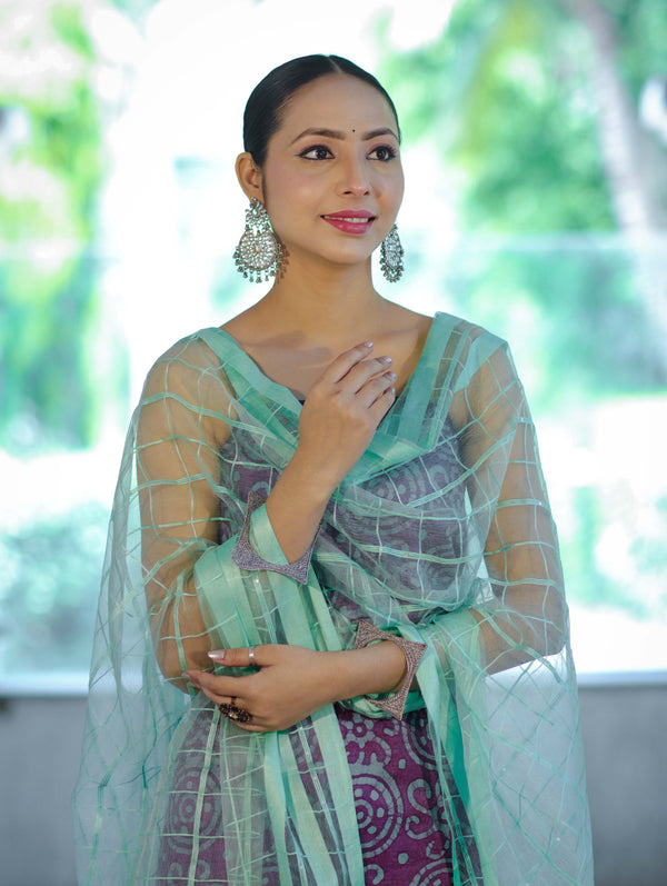 Handloom Block Printed Khadi Cotton Salwar Kameez With Dupatta Set-Violet & Green