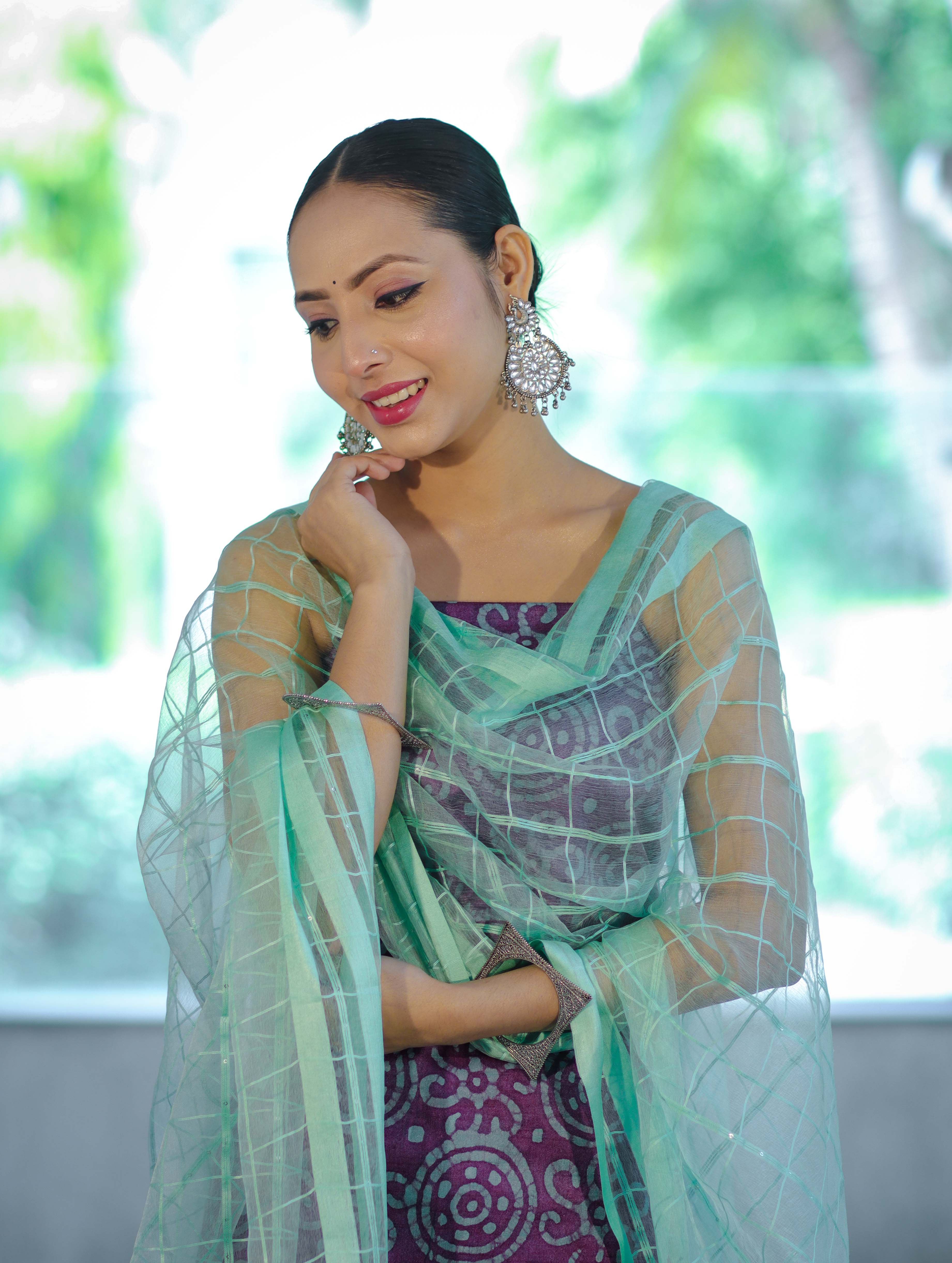 Handloom Block Printed Khadi Cotton Salwar Kameez With Dupatta Set-Violet & Green