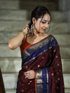 Banarasee Handloom Semi Silk Saree With Buti Design & Contrast Border-Burgundy & Blue