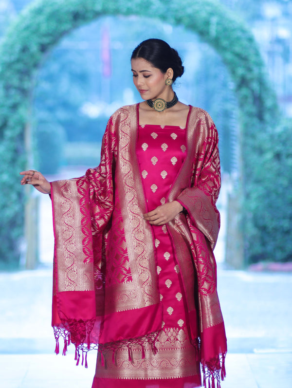 Banarasee Dual Tone Satin Silk Zari Work Salwar Kameez Fabric With Dupatta Set-Magenta