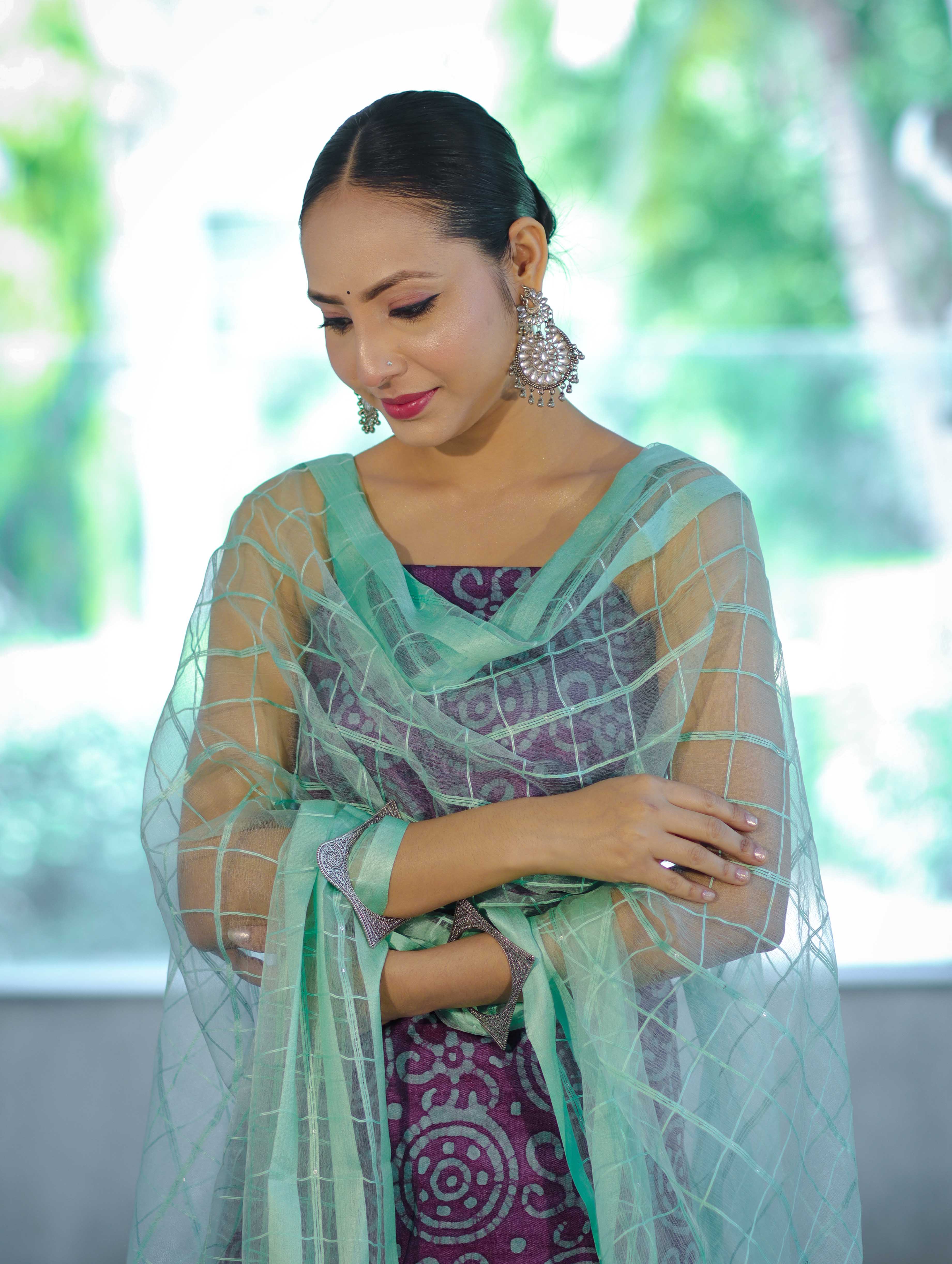 Handloom Block Printed Khadi Cotton Salwar Kameez With Dupatta Set-Violet & Green