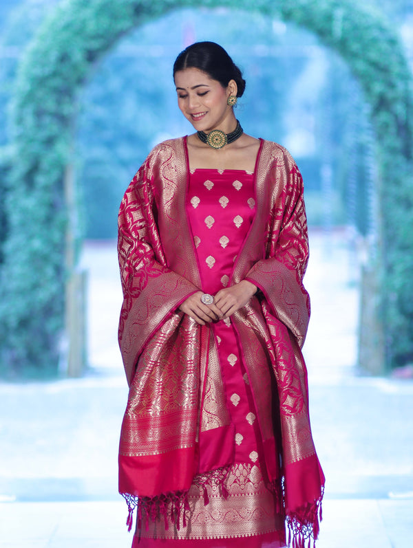 Banarasee Dual Tone Satin Silk Zari Work Salwar Kameez Fabric With Dupatta Set-Magenta