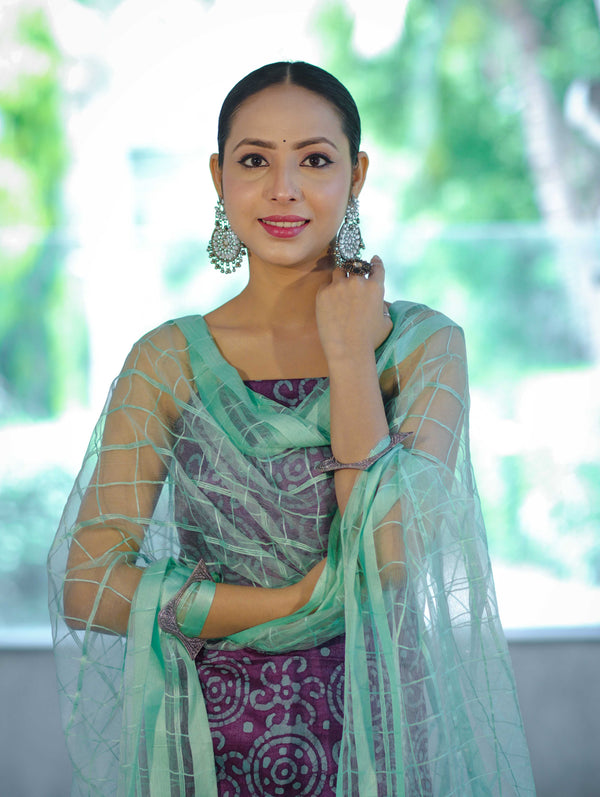 Handloom Block Printed Khadi Cotton Salwar Kameez With Dupatta Set-Violet & Green