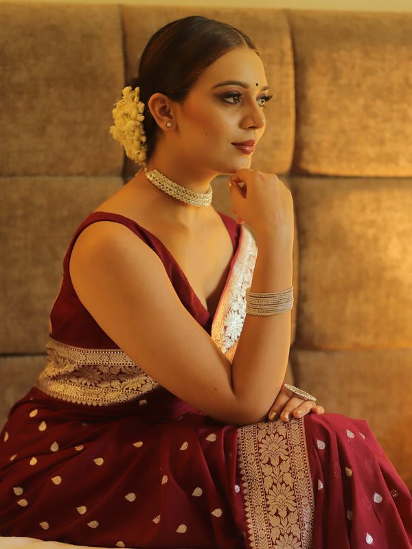 Banarasee Handwoven Faux Georgette Saree With Silver Zari Buti Design-Maroon
