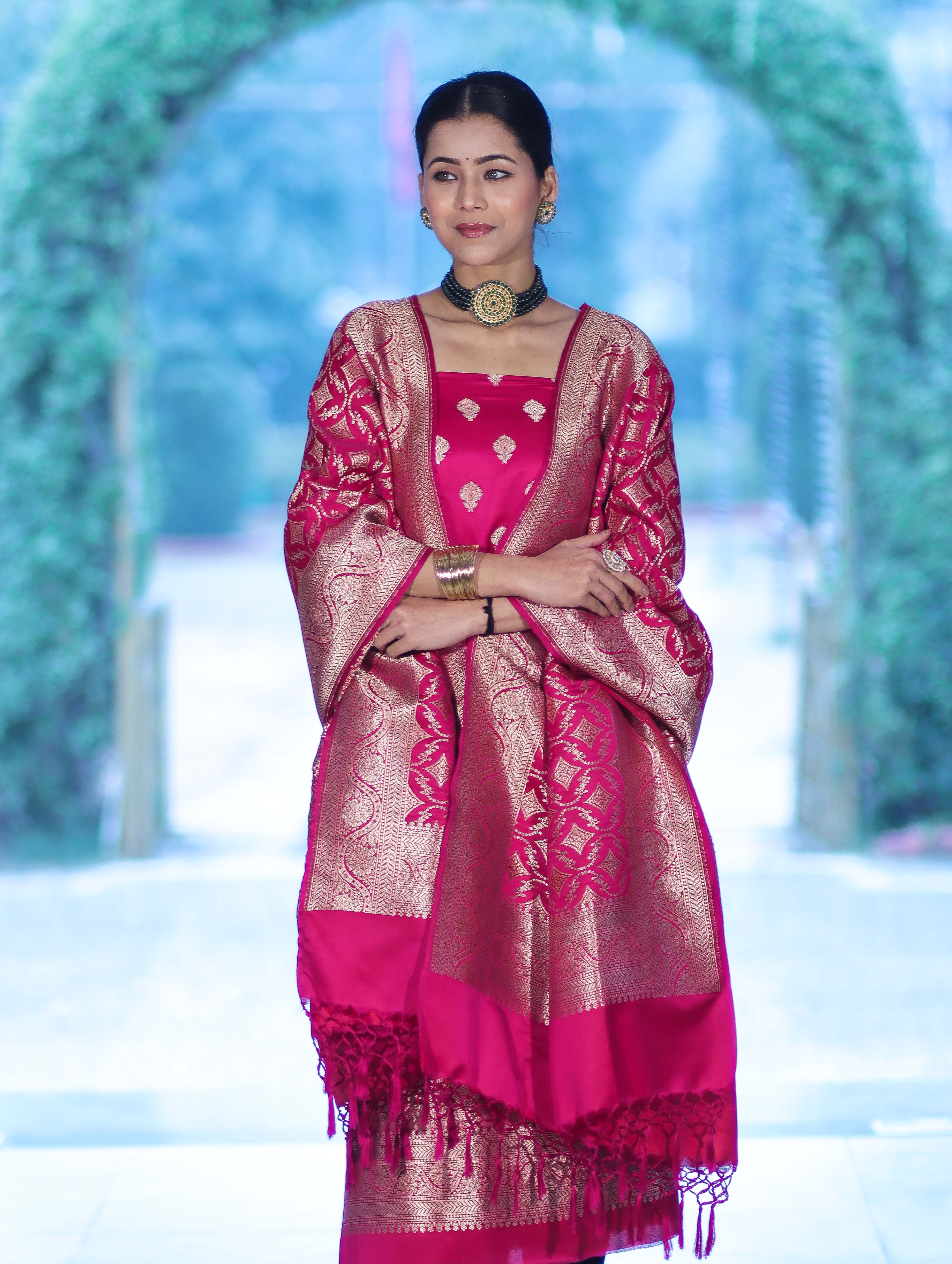 Banarasee Dual Tone Satin Silk Zari Work Salwar Kameez Fabric With Dupatta Set-Magenta