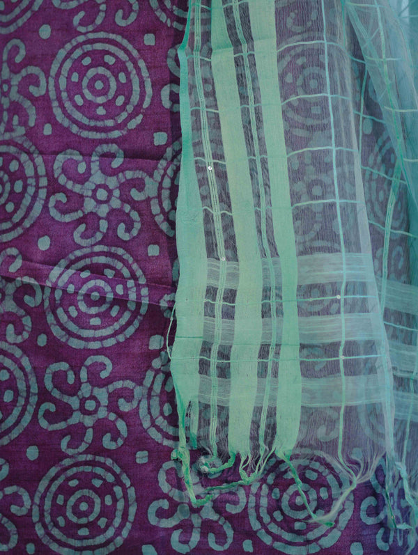 Handloom Block Printed Khadi Cotton Salwar Kameez With Dupatta Set-Violet & Green