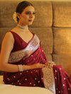 Banarasee Handwoven Faux Georgette Saree With Silver Zari Buti Design-Maroon