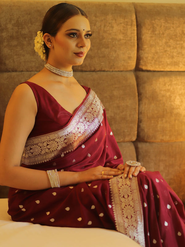 Banarasee Handwoven Faux Georgette Saree With Silver Zari Buti Design-Maroon
