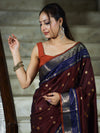 Banarasee Handloom Semi Silk Saree With Buti Design & Contrast Border-Burgundy & Blue