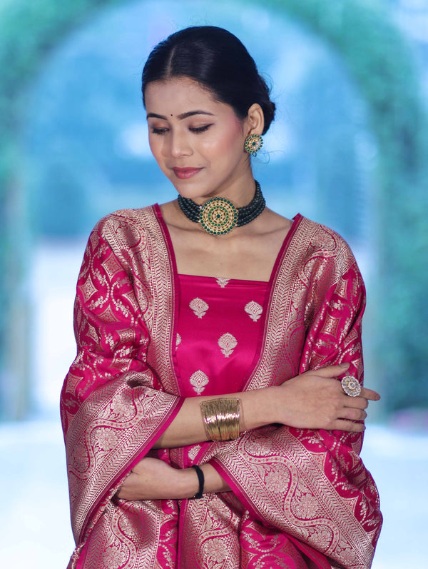 Banarasee Dual Tone Satin Silk Zari Work Salwar Kameez Fabric With Dupatta Set-Magenta