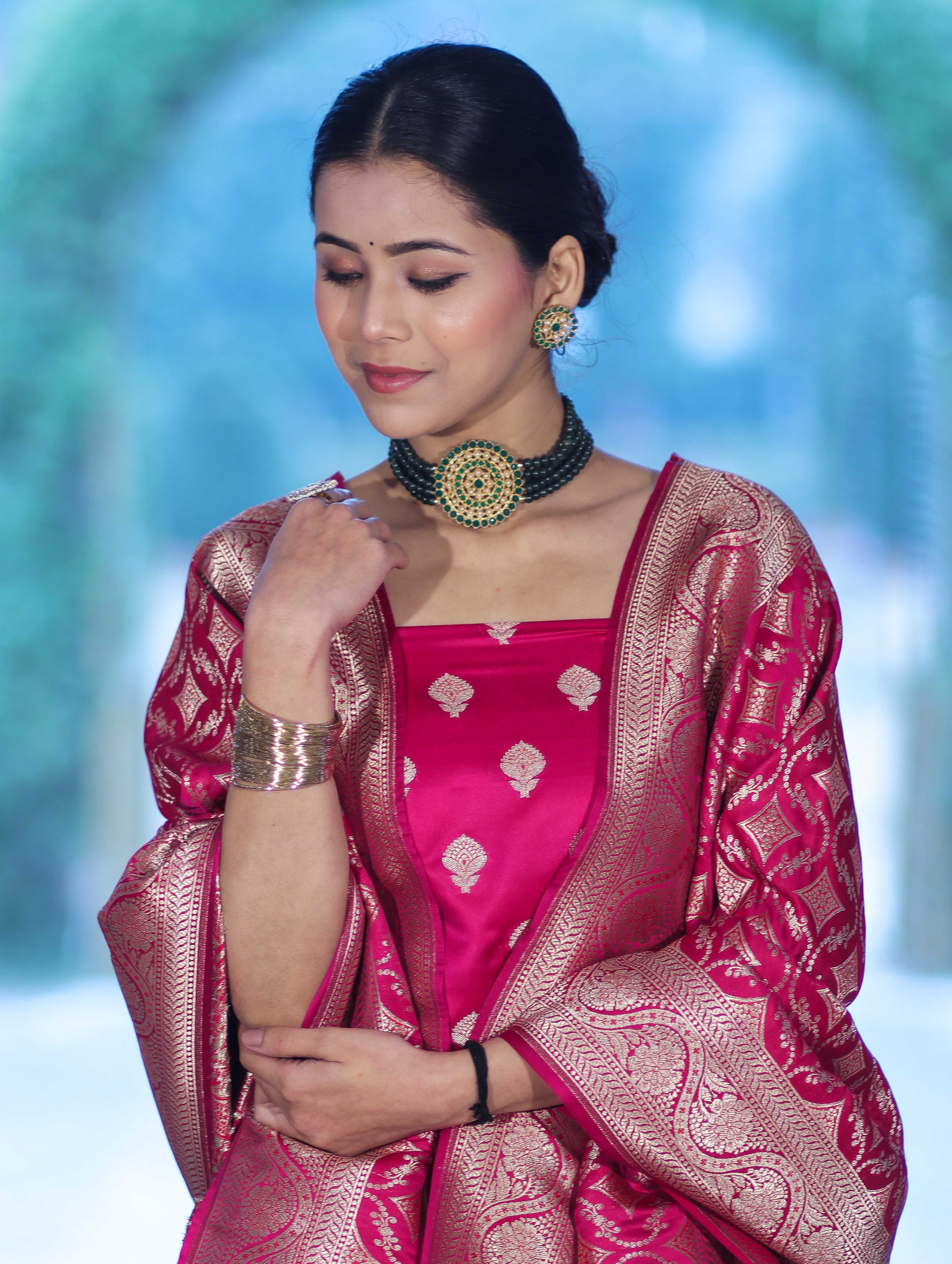 Banarasee Dual Tone Satin Silk Zari Work Salwar Kameez Fabric With Dupatta Set-Magenta