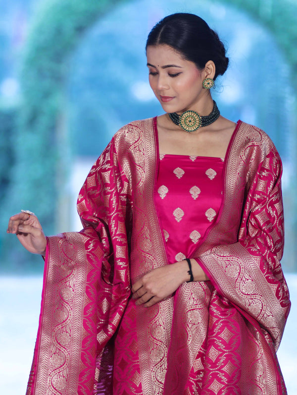 Banarasee Dual Tone Satin Silk Zari Work Salwar Kameez Fabric With Dupatta Set-Magenta