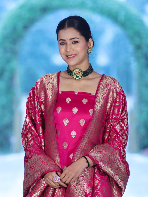 Banarasee Dual Tone Satin Silk Zari Work Salwar Kameez Fabric With Dupatta Set-Magenta