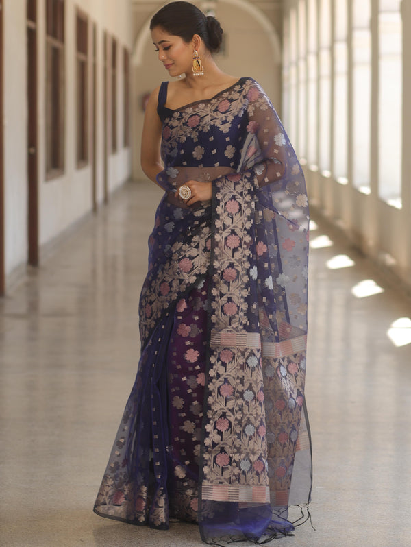 Banarasee Kora Muslin Saree With Zari Jamdani Weaving-Blue