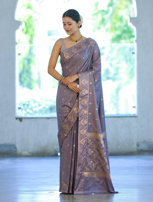 Banarasee Handloom Dual Tone Semi Silk Saree With Zari Buti Design & Border-Grey
