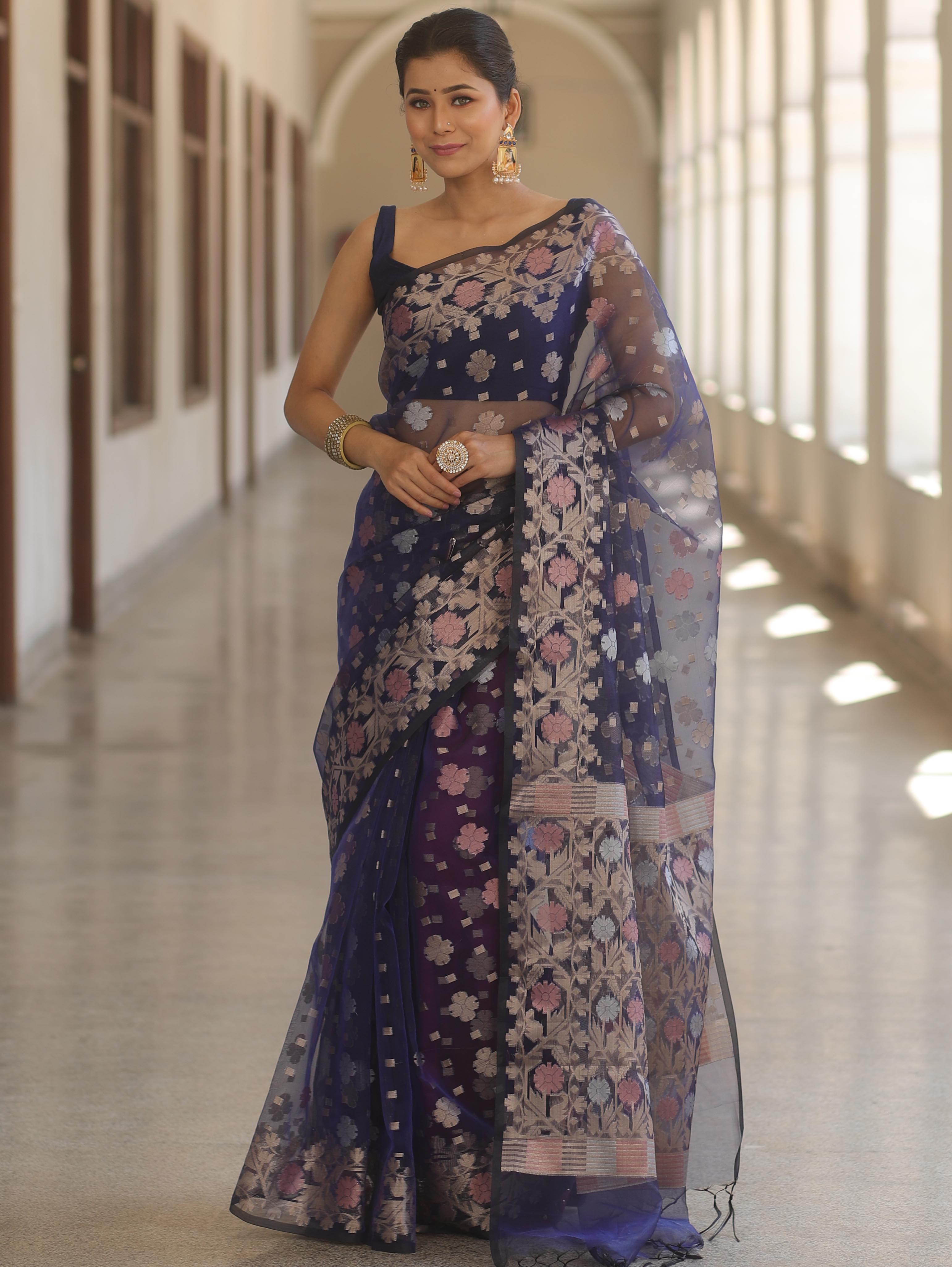 Banarasee Kora Muslin Saree With Zari Jamdani Weaving-Blue