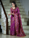 Banarasee Handloom Semi Silk Saree With Leaf Pattern & Floral Zari Border-Mauve