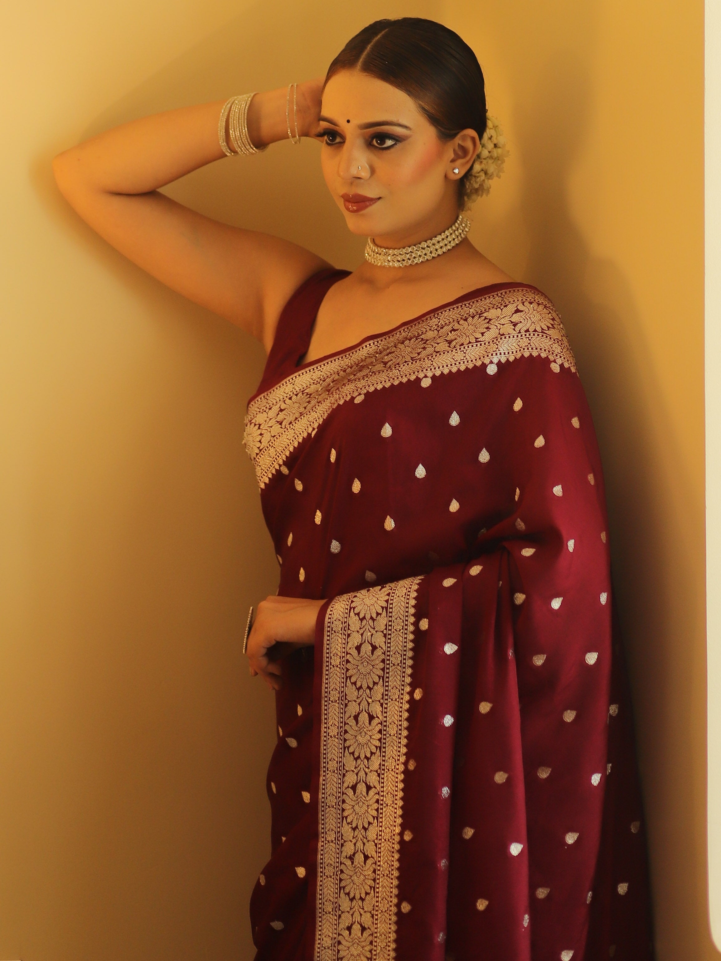 Banarasee Handwoven Faux Georgette Saree With Silver Zari Buti Design-Maroon