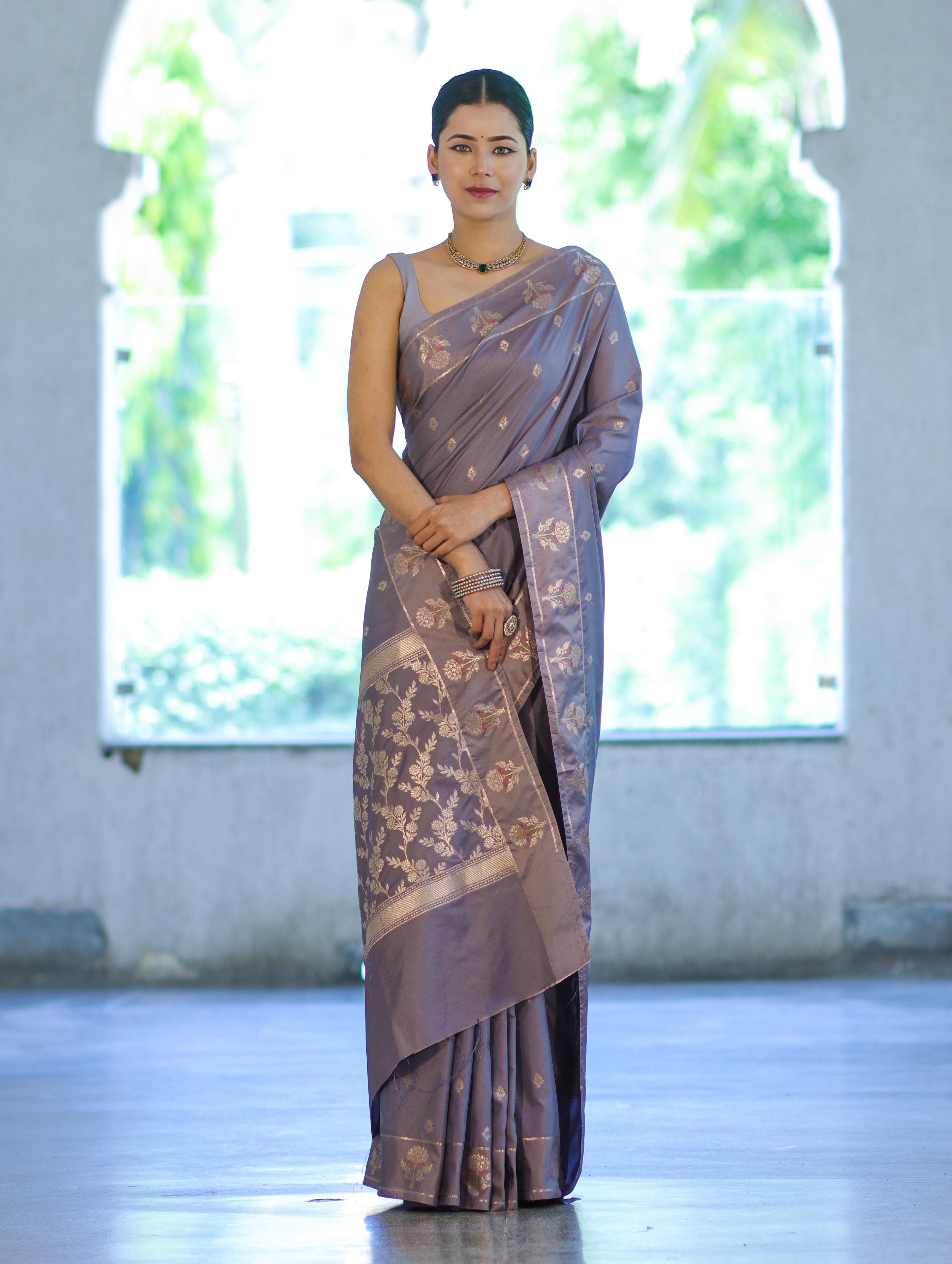 Banarasee Handloom Dual Tone Semi Silk Saree With Zari Buti Design & Border-Grey