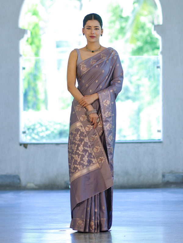 Banarasee Handloom Dual Tone Semi Silk Saree With Zari Buti Design & Border-Grey