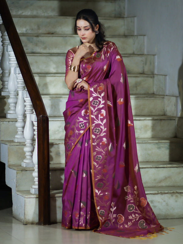Banarasee Handloom Semi Silk Saree With Leaf Pattern & Floral Zari Border-Mauve