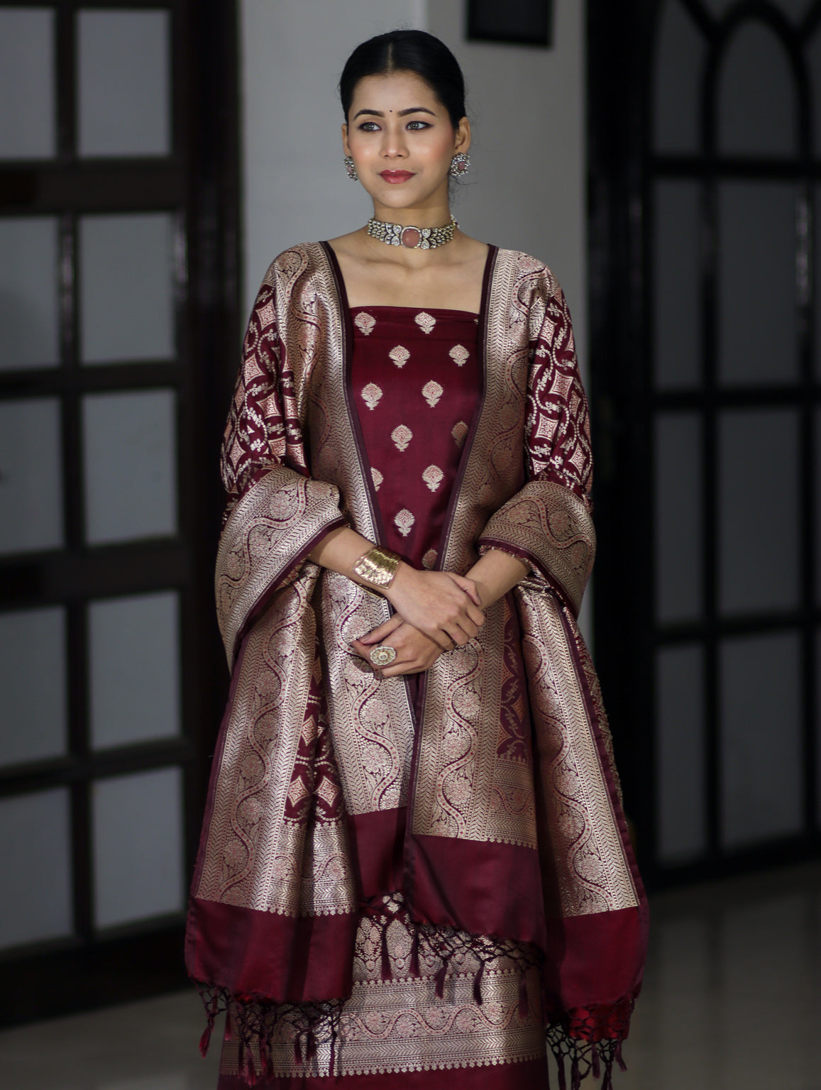 Banarasee Dual Tone Satin Silk Zari Work Salwar Kameez Fabric With Dupatta Set-Burgundy