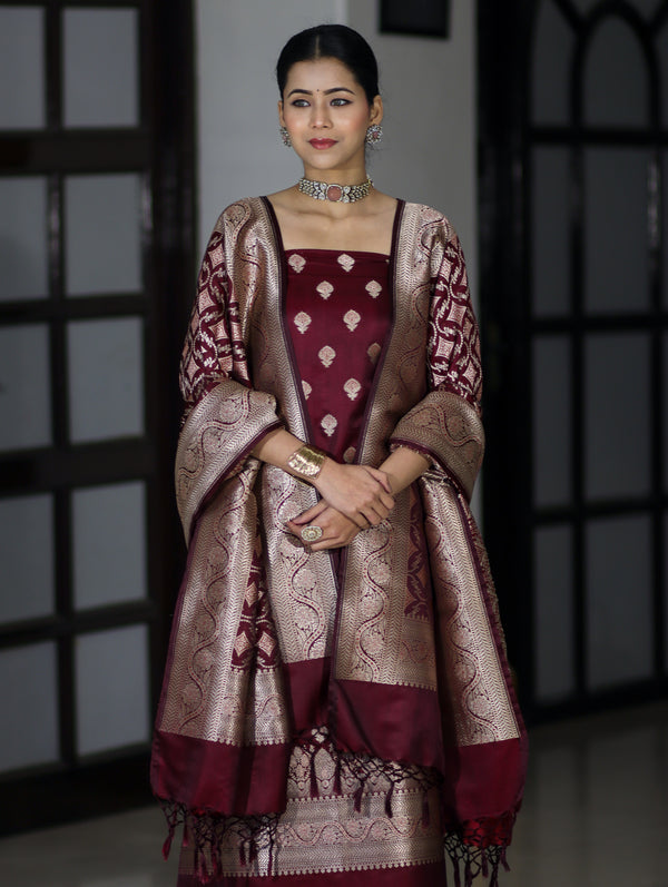 Banarasee Dual Tone Satin Silk Zari Work Salwar Kameez Fabric With Dupatta Set-Burgundy
