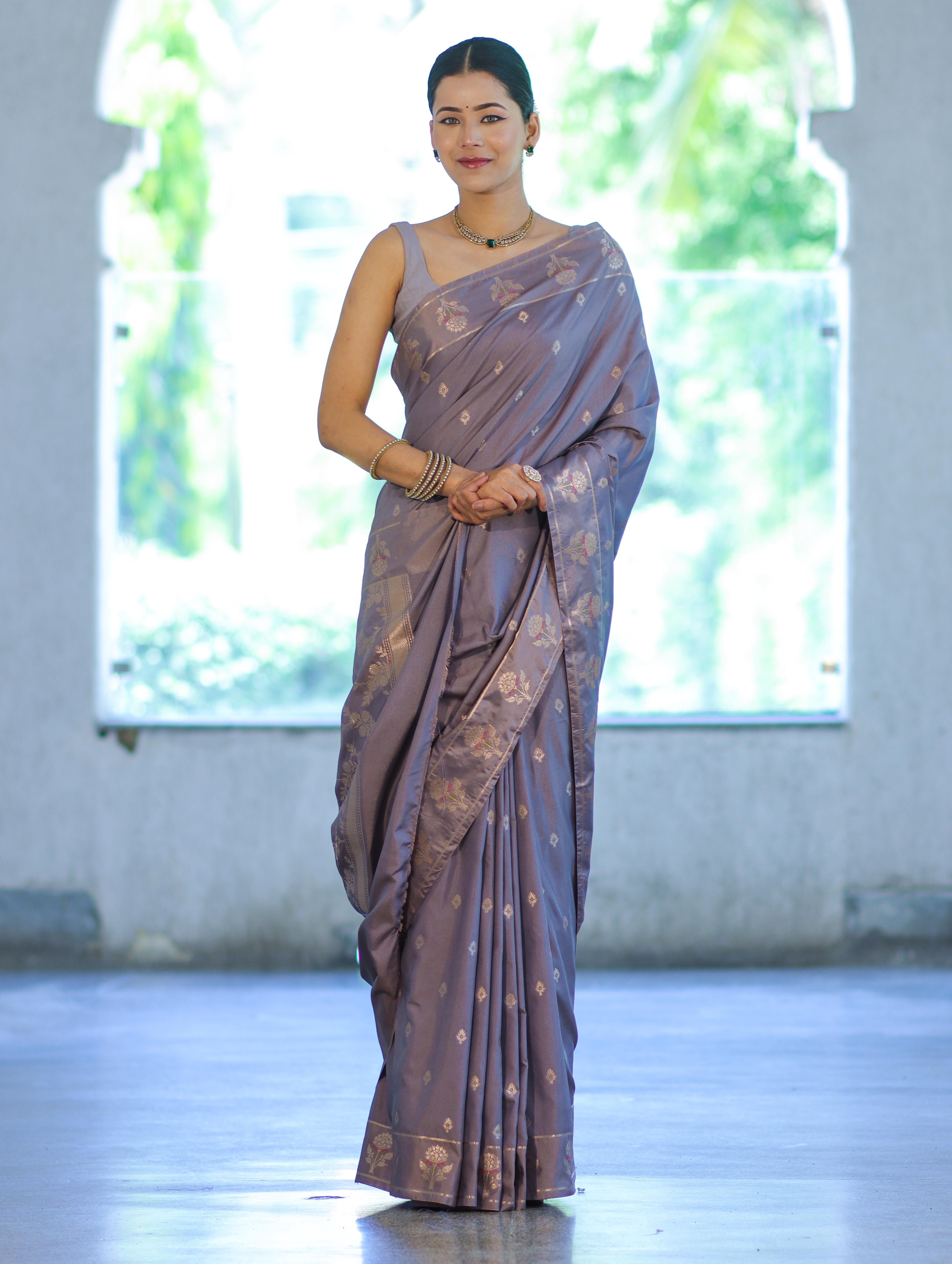 Banarasee Handloom Dual Tone Semi Silk Saree With Zari Buti Design & Border-Grey