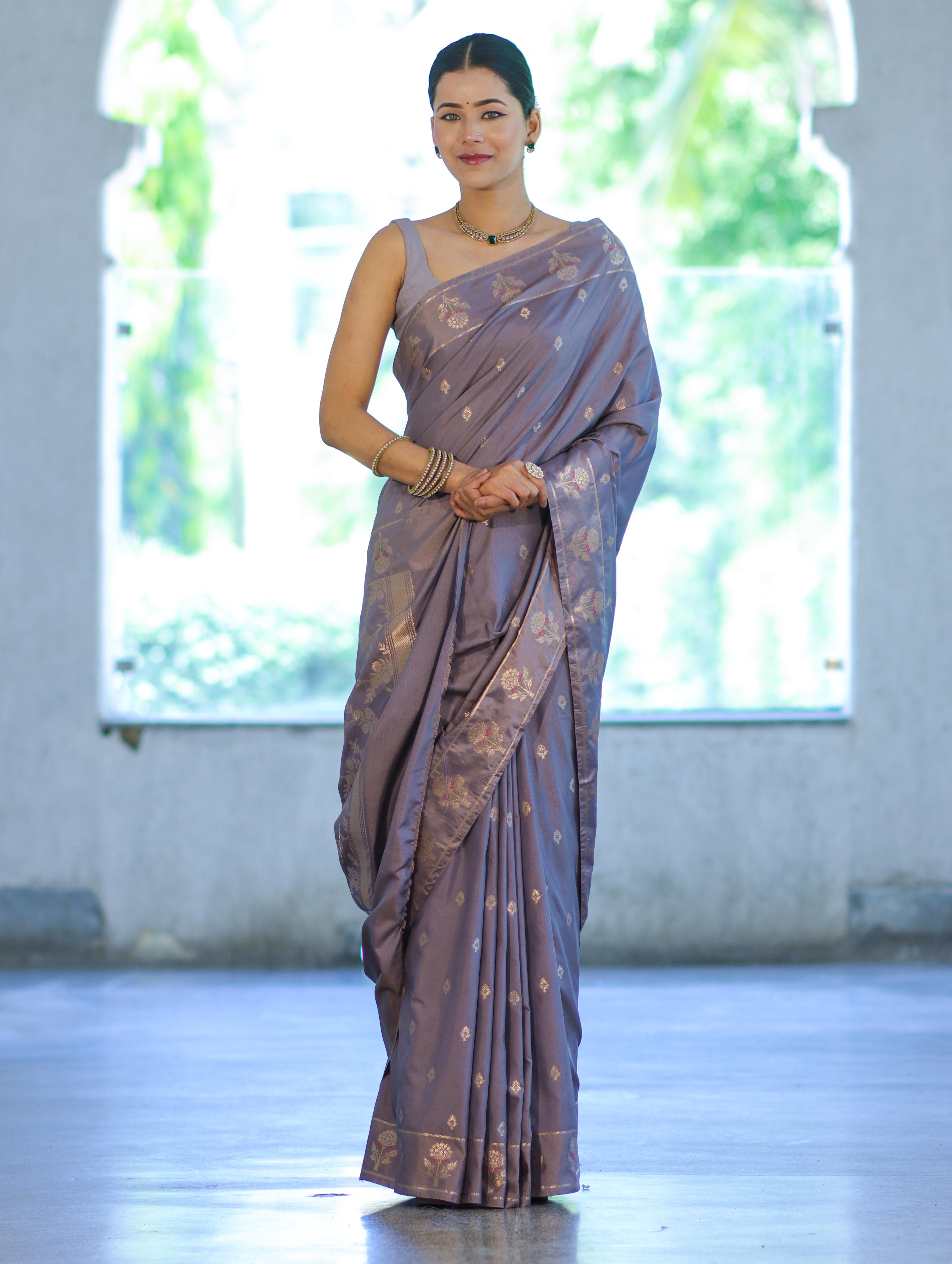 Banarasee Handloom Dual Tone Semi Silk Saree With Zari Buti Design & Border-Grey