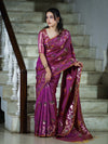 Banarasee Handloom Semi Silk Saree With Leaf Pattern & Floral Zari Border-Mauve