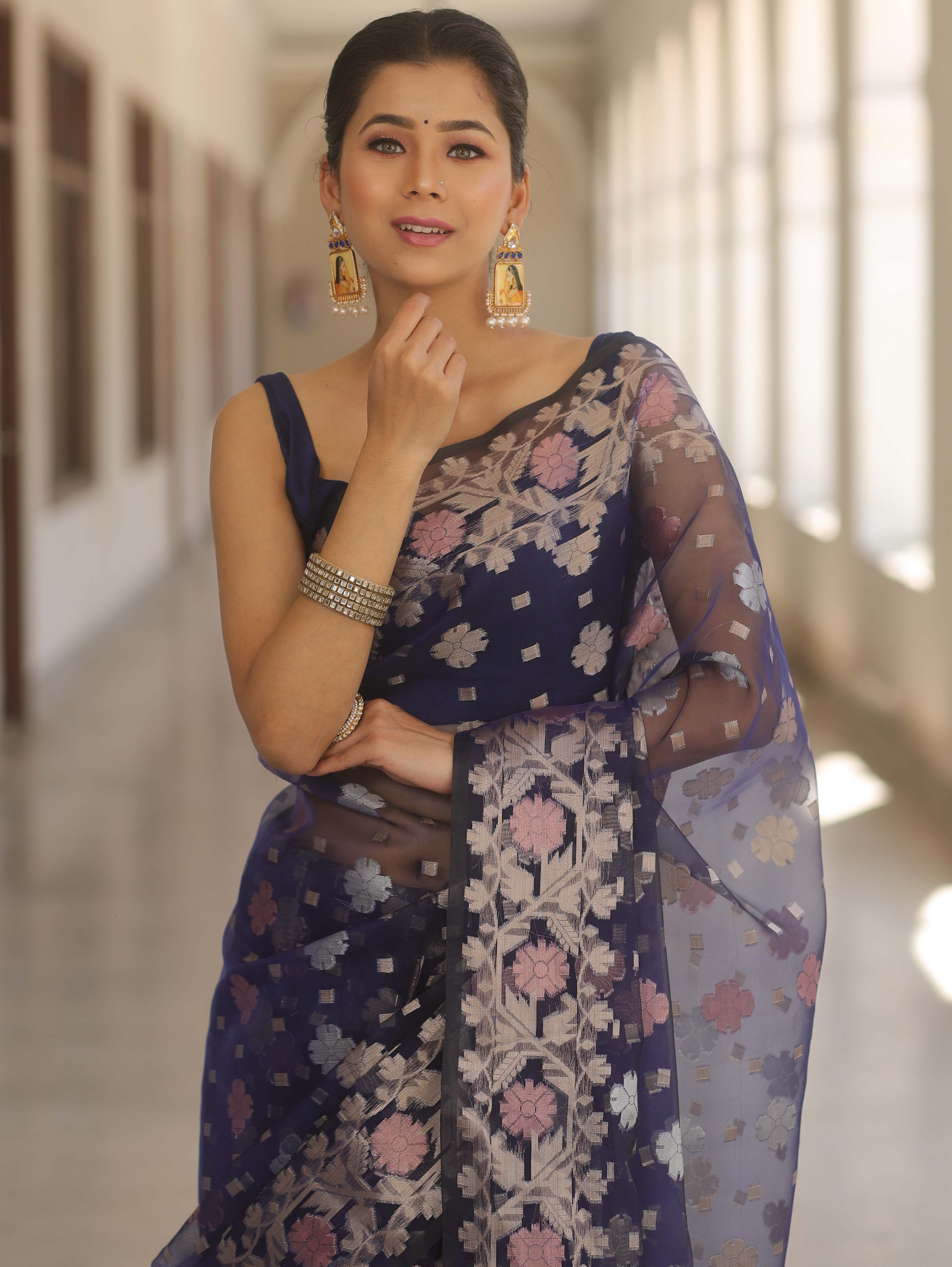 Banarasee Kora Muslin Saree With Zari Jamdani Weaving-Blue