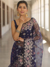 Banarasee Kora Muslin Saree With Zari Jamdani Weaving-Blue
