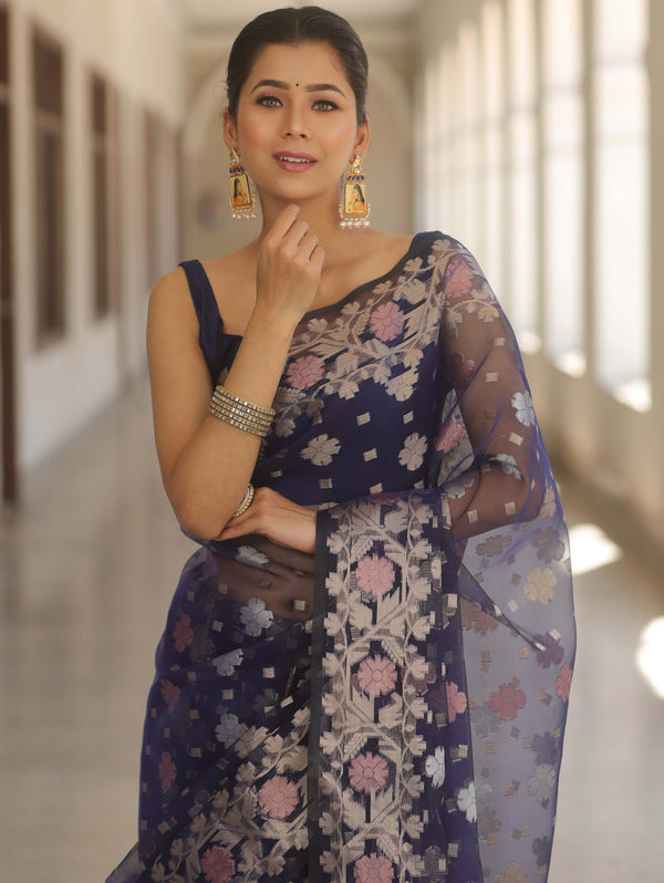 Banarasee Kora Muslin Saree With Zari Jamdani Weaving-Blue