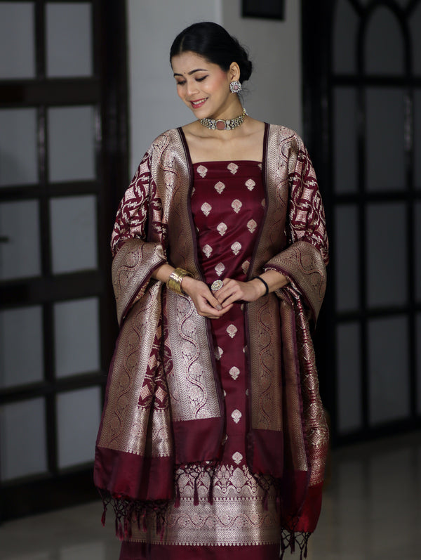 Banarasee Dual Tone Satin Silk Zari Work Salwar Kameez Fabric With Dupatta Set-Burgundy